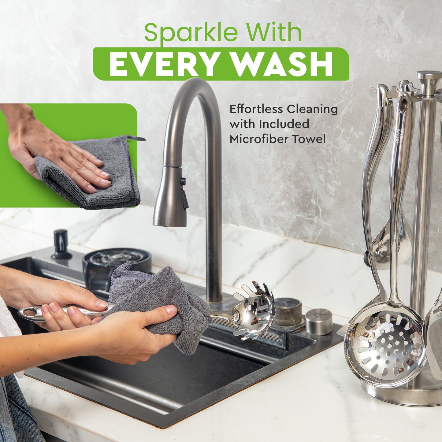 Stainless Steel Utensil Tools Set with Holder Stand - Mirror Polished