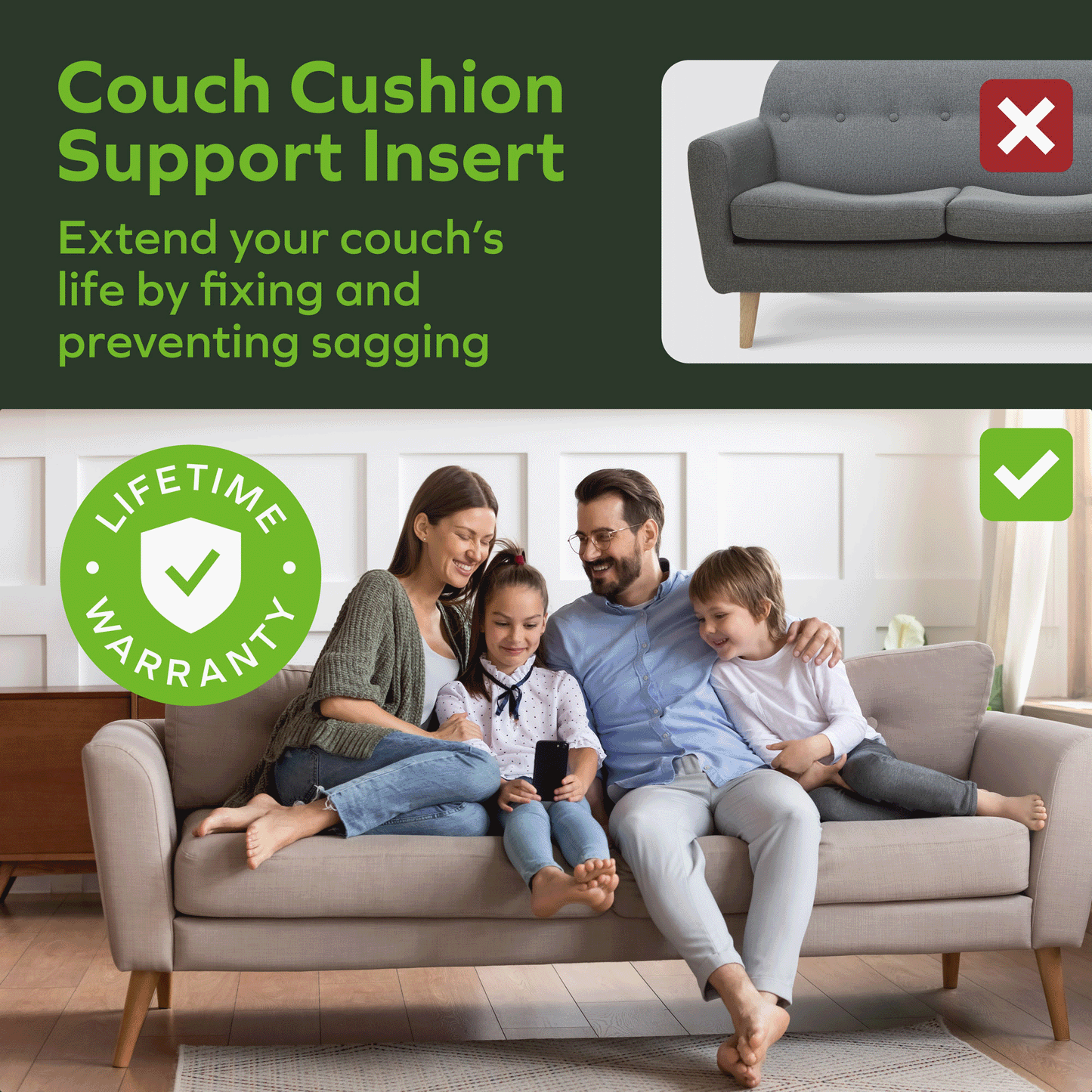 Couch Cushion Support 19.7" x 58" - 67"