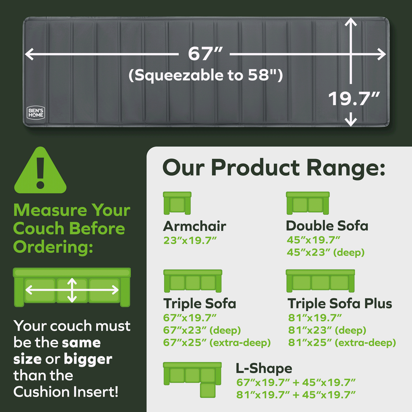 Couch Cushion Support 19.7" x 58" - 67"