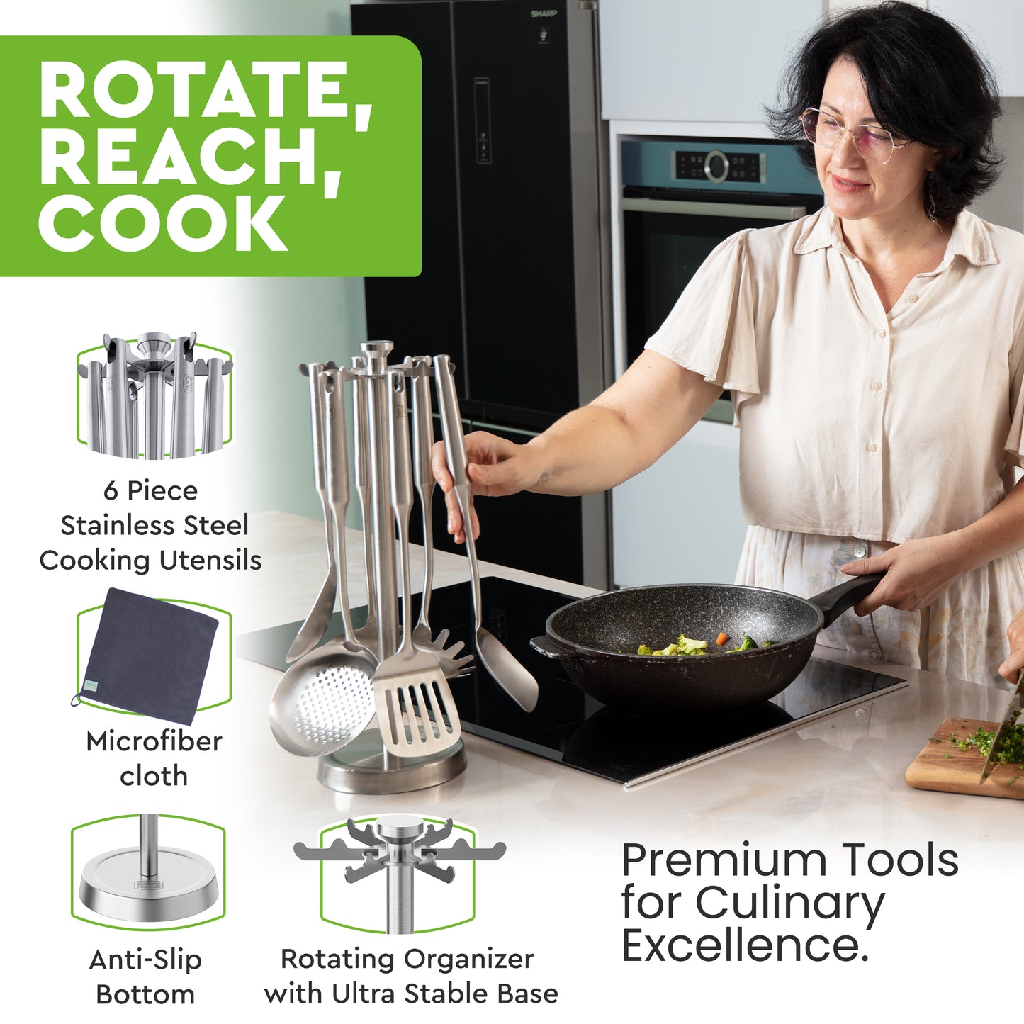 Stainless Steel Utensil Tools Set with Holder Stand - Brushed Finish