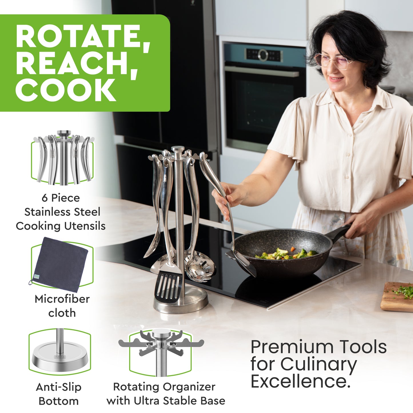 Stainless Steel Utensil Tools Set with Holder Stand - Mirror Polished
