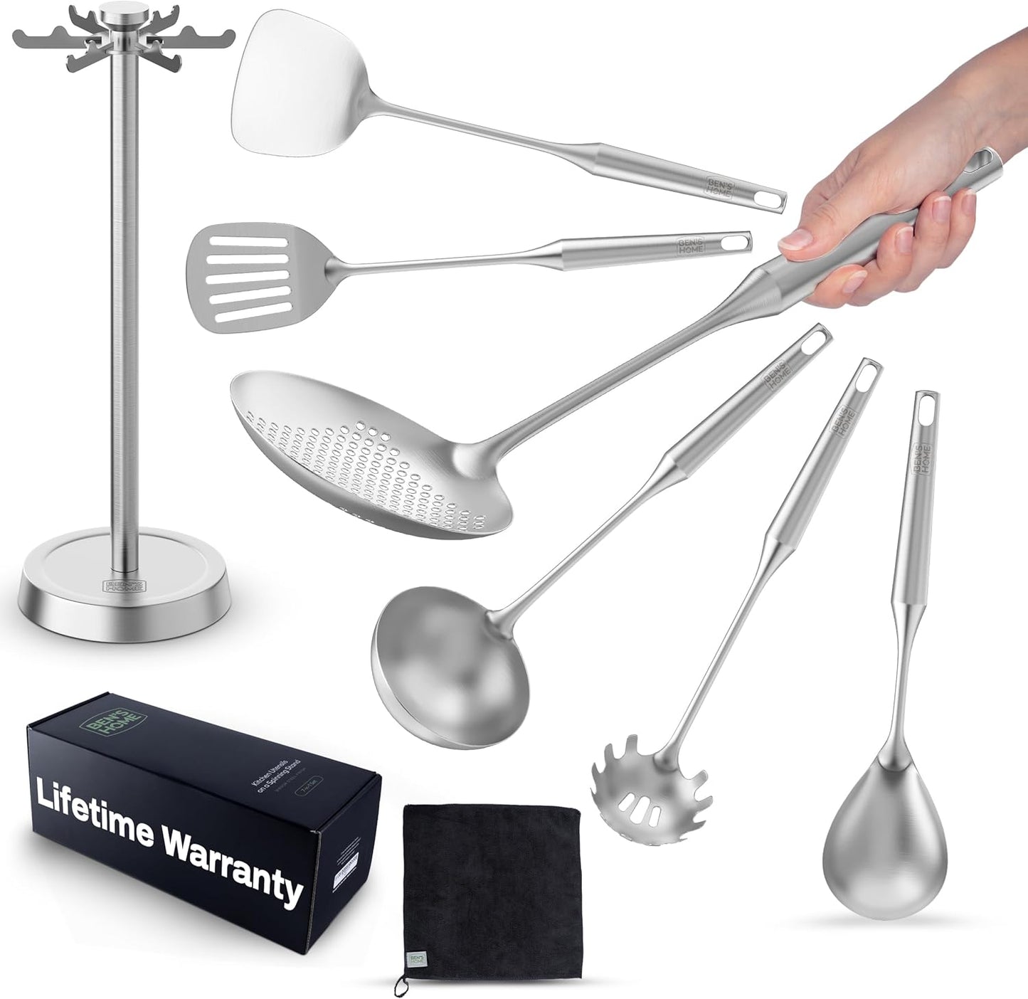 Stainless Steel Utensil Tools Set with Holder Stand - Mirror Polished