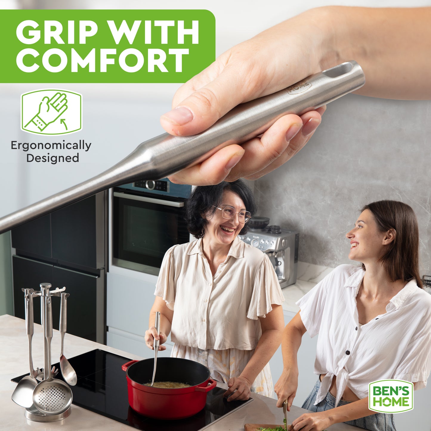 Stainless Steel Utensil Tools Set with Holder Stand - Brushed Finish