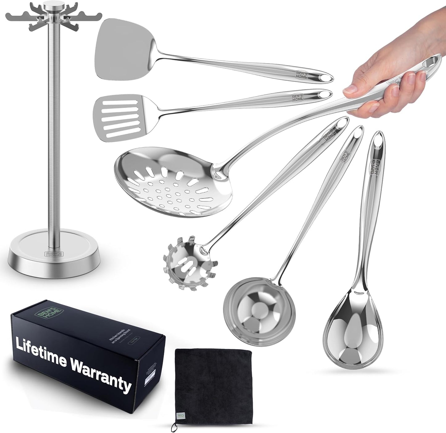 Stainless Steel Utensil Tools Set with Holder Stand - Mirror Polished