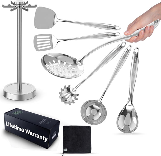 Stainless Steel Utensil Tools Set with Holder Stand - Mirror Polished