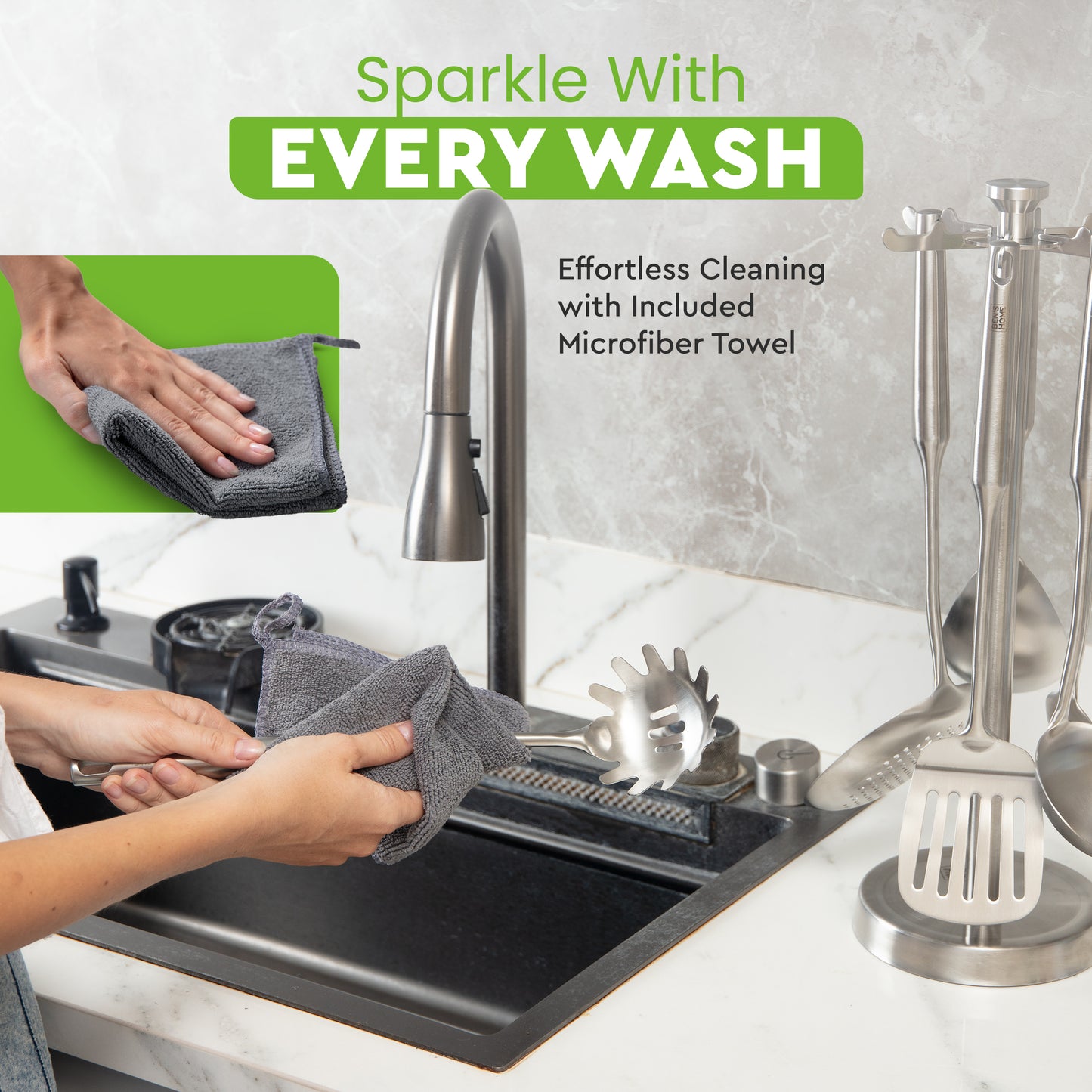 Stainless Steel Utensil Tools Set with Holder Stand - Brushed Finish