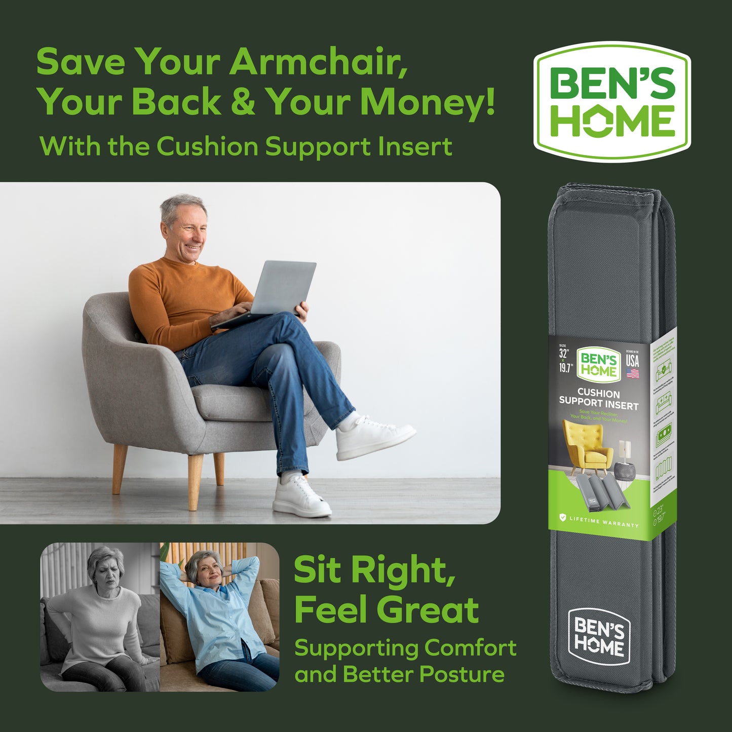 Heavy Duty Recliner Cushion Support Insert - 30"-32" x 19.7"